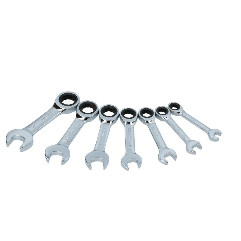 JUEGO DE LLAVES COMBINADAS CORTAS PULIDO ESPEJO DE MATRACA EN PULG, 12 PUNTAS,7 PZ EN RACK SKU 1005760