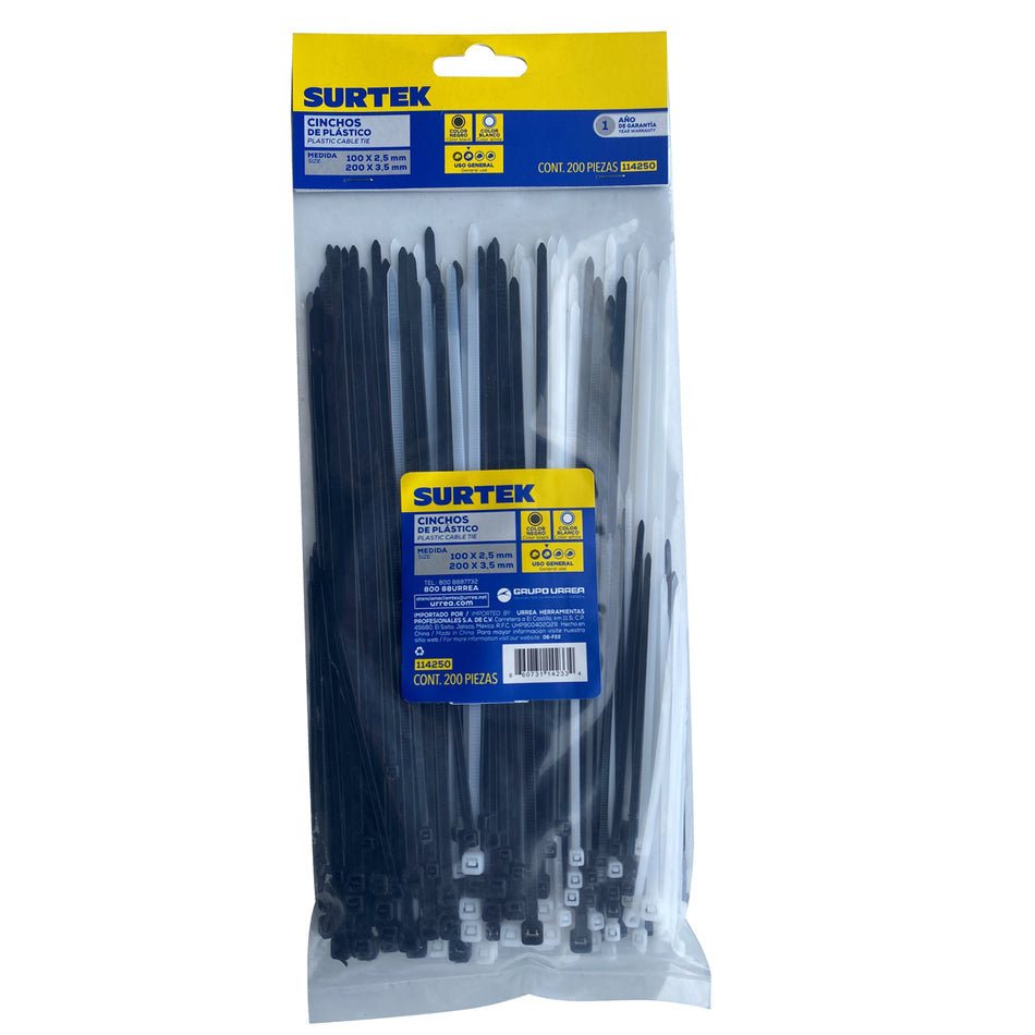 CINCHOS DE PLASTICOS COMBINADOS EN BOLSA, TENSION 8KG DE 200 PIEZAS, COLOR NATURAL Y NEGRO SKU 1142500