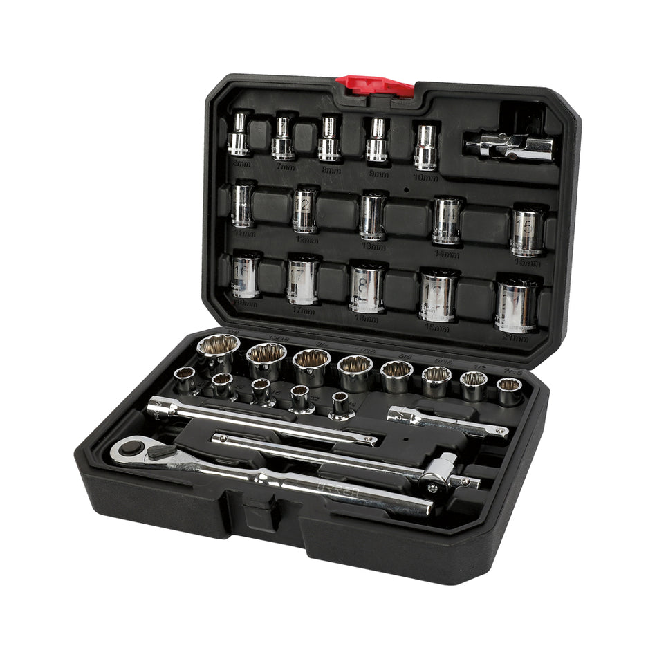 JUEGO DE DADOS Y ACCESORIOS CUADRO DE 3 8 COMBINADO 33 PIEZAS SKU 5200CB