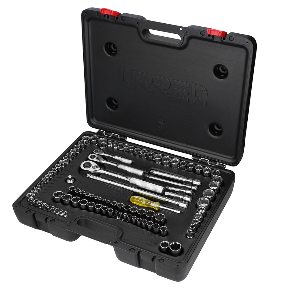 JUEGO DE DADOS Y ACCESORIOS CUADRO DE 1 4 3 8 Y 1 2 COMBINADO 99 PIEZAS SKU 5447PA