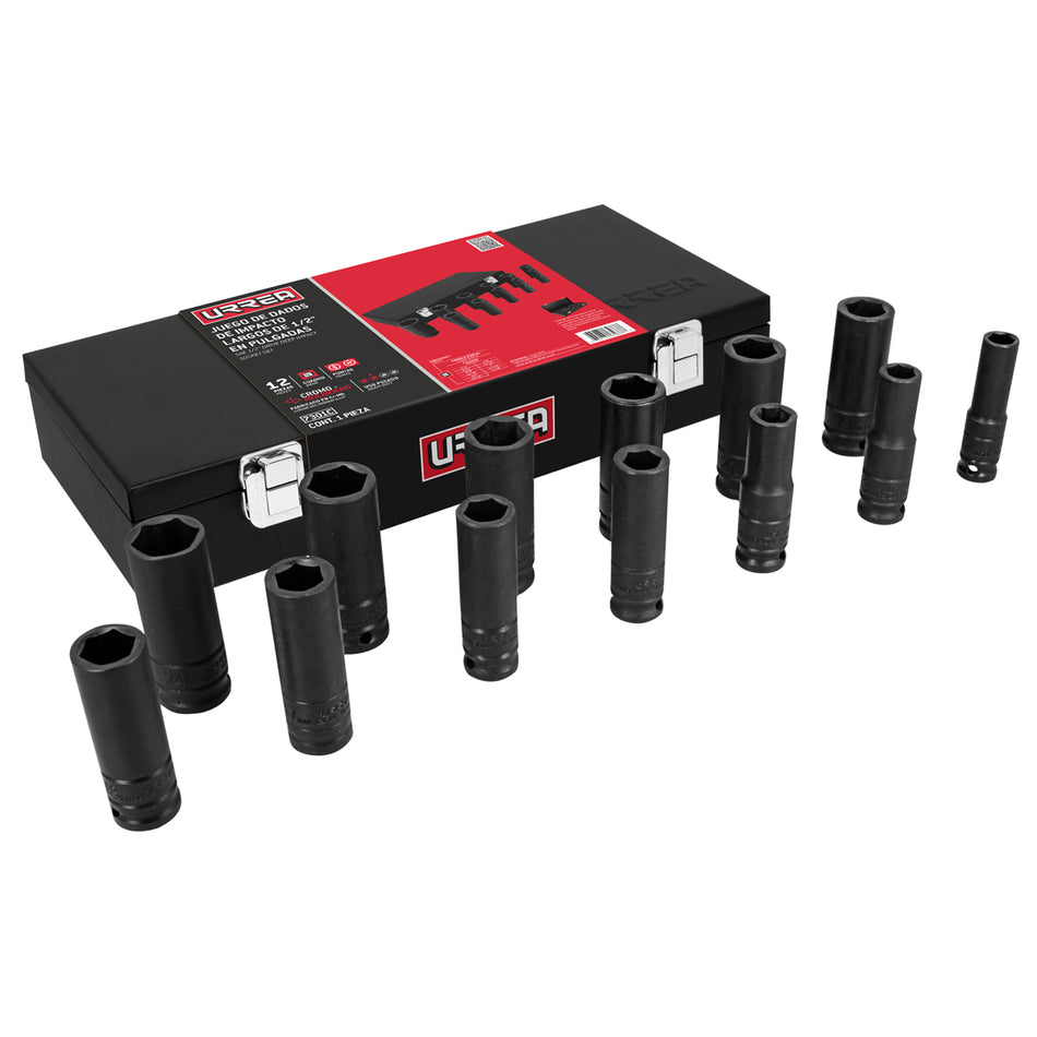 JUEGO DE DADOS LARGOS DE IMPACTO CUADRO DE 1 2 METRICOS EN CAJA 13 PIEZAS SKU 7302MC