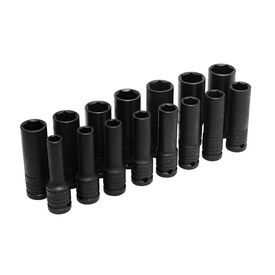 JUEGO DE DADOS DE IMPACTO LARGOS PARED DELGADA CUADRO DE 1 2 6 PUNTAS METRICOS 15PZ SKU 73214MD