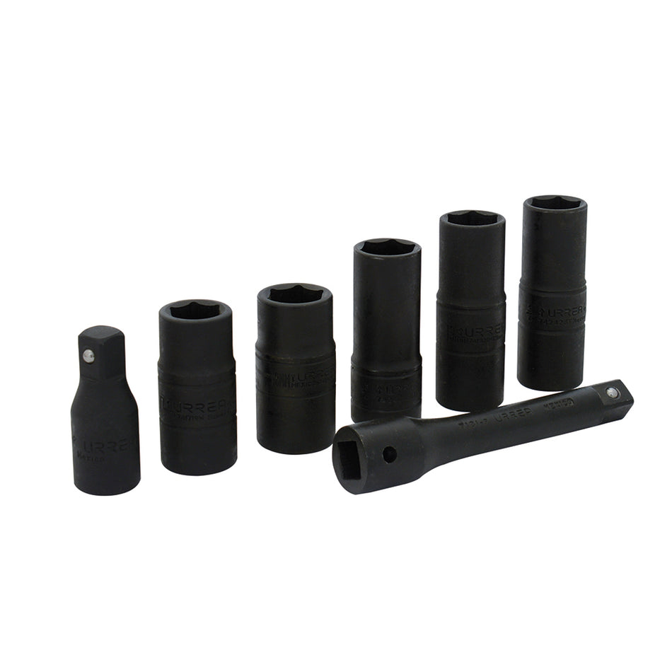 JUEGO DE DADOS DE IMPACTO DOBLE BOCA CUADRO DE 1 2 COMBINADOS 6 PUNTAS 7 PIEZAS SKU 7400DE