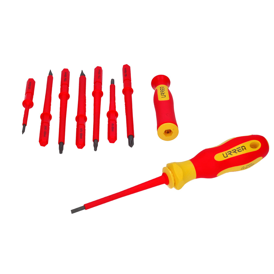 JUEGO DE DESTORNILLADORES CON MANGO BIMATERIAL Y PUNTAS INTERCAMBIABLES 1000 V 10 PIEZAS SKU 9300V