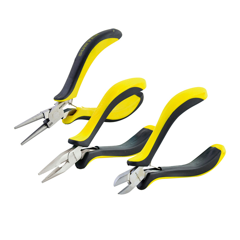 JUEGO DE MINI PINZAS CON MANGO BIMATERIAL PARA ELECTRONICA, 3 PIEZAS SKU 95P30