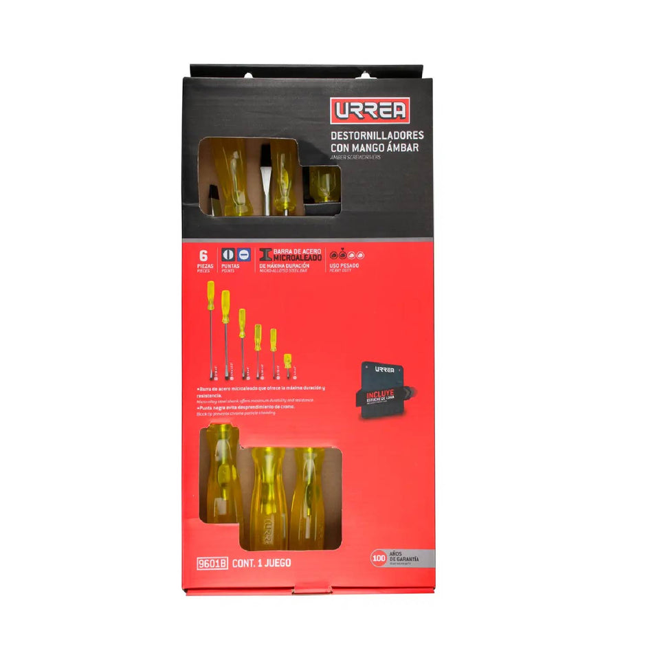JUEGO DE DESTORNILLADORES CON MANGO AMBAR COMBINADOS 6 PIEZAS SKU 9601B