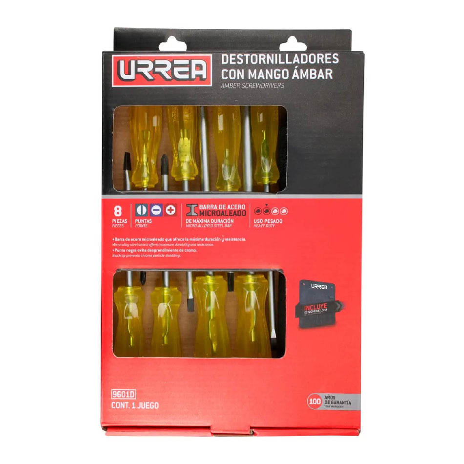 JUEGO DE DESTORNILLADORES CON MANGO AMBAR COMBINADOS 8 PIEZAS SKU 9601D