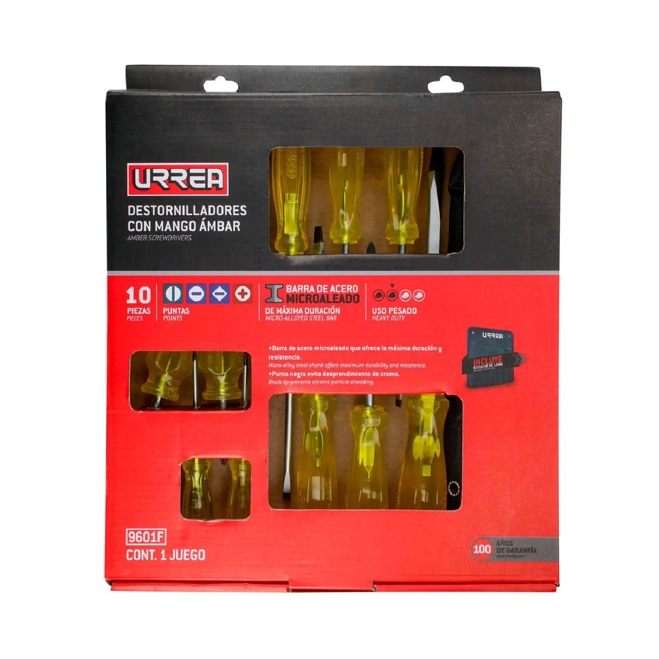 JUEGO DE DESTORNILLADORES CON MANGO AMBAR COMBINADOS 10 PIEZAS SKU 9601F