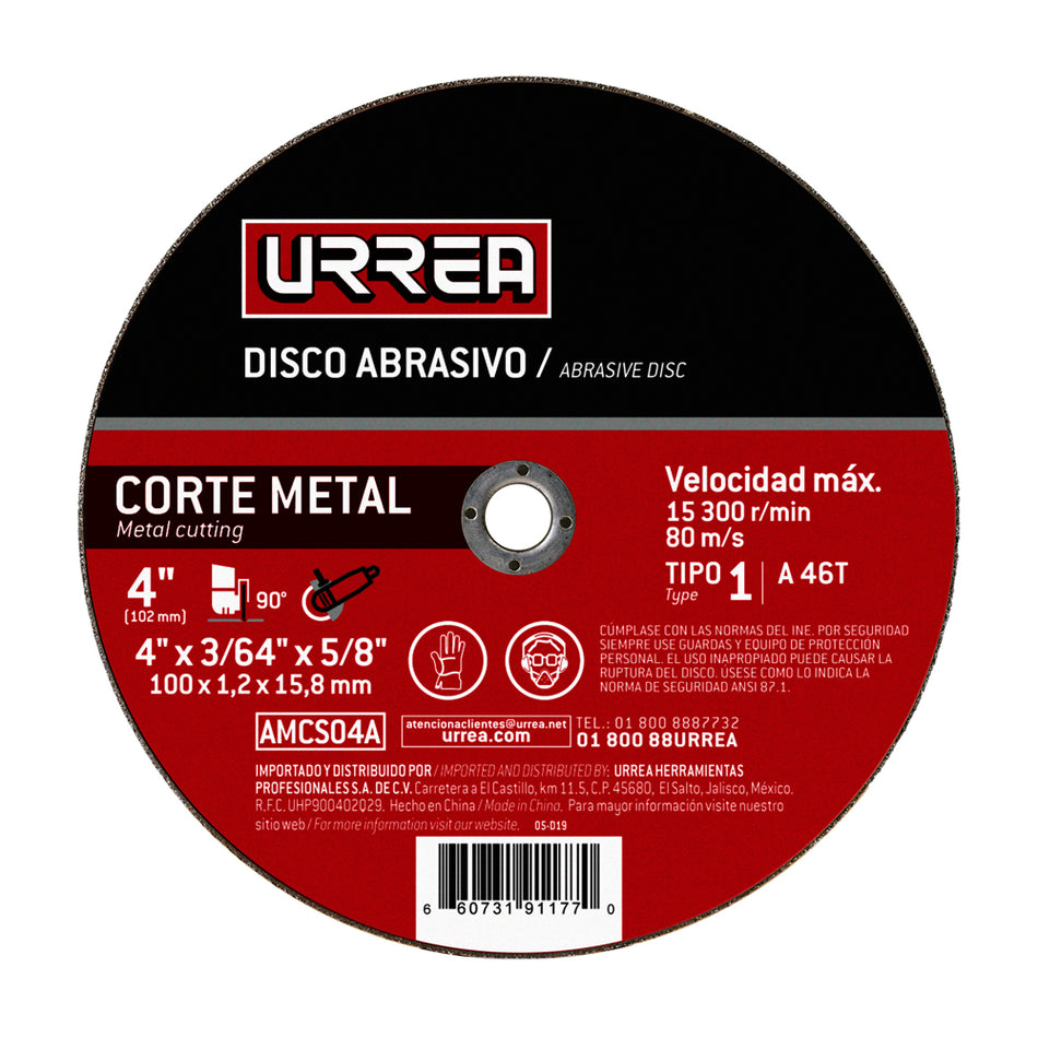 Disco abrasivo tipo 1 para metal 4" x 3/64" SKU AMCS04A