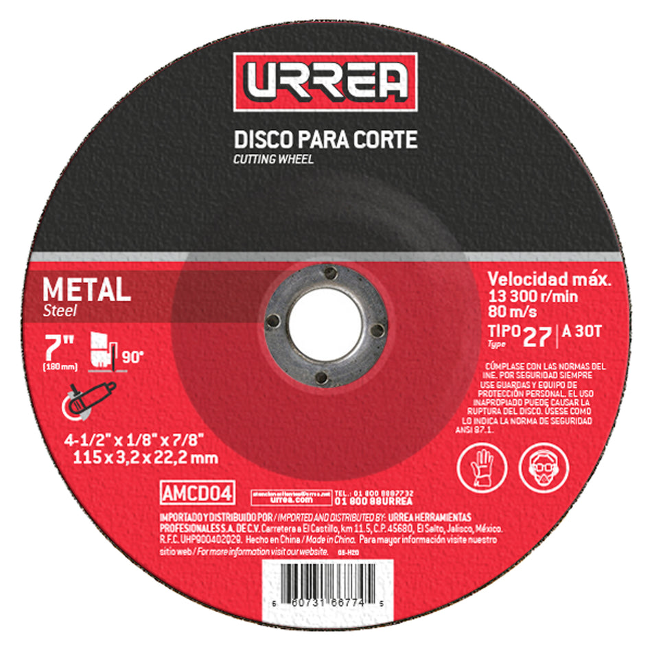 Disco abrasivo tipo 27 para metal 4-1/2" x 1/4" SKU AMGD04