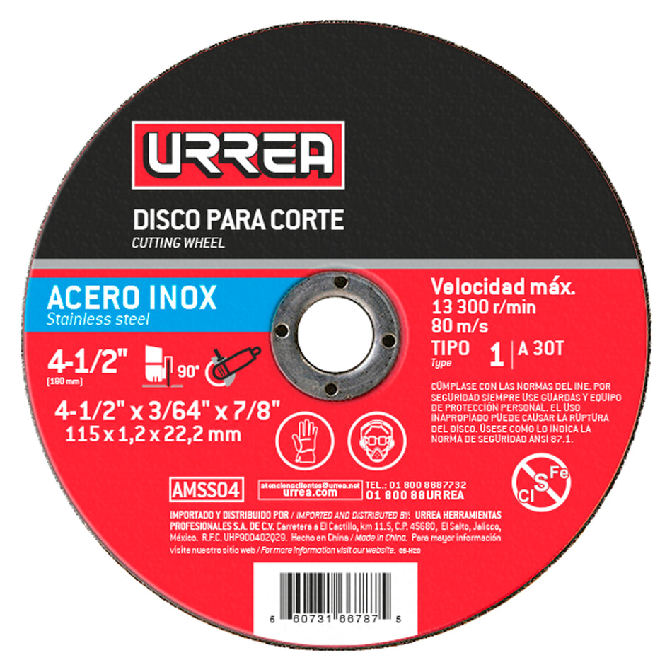 Disco abrasivo tipo 1 para acero inoxidable 4-1/2" x 1/16" SKU AMSS04A