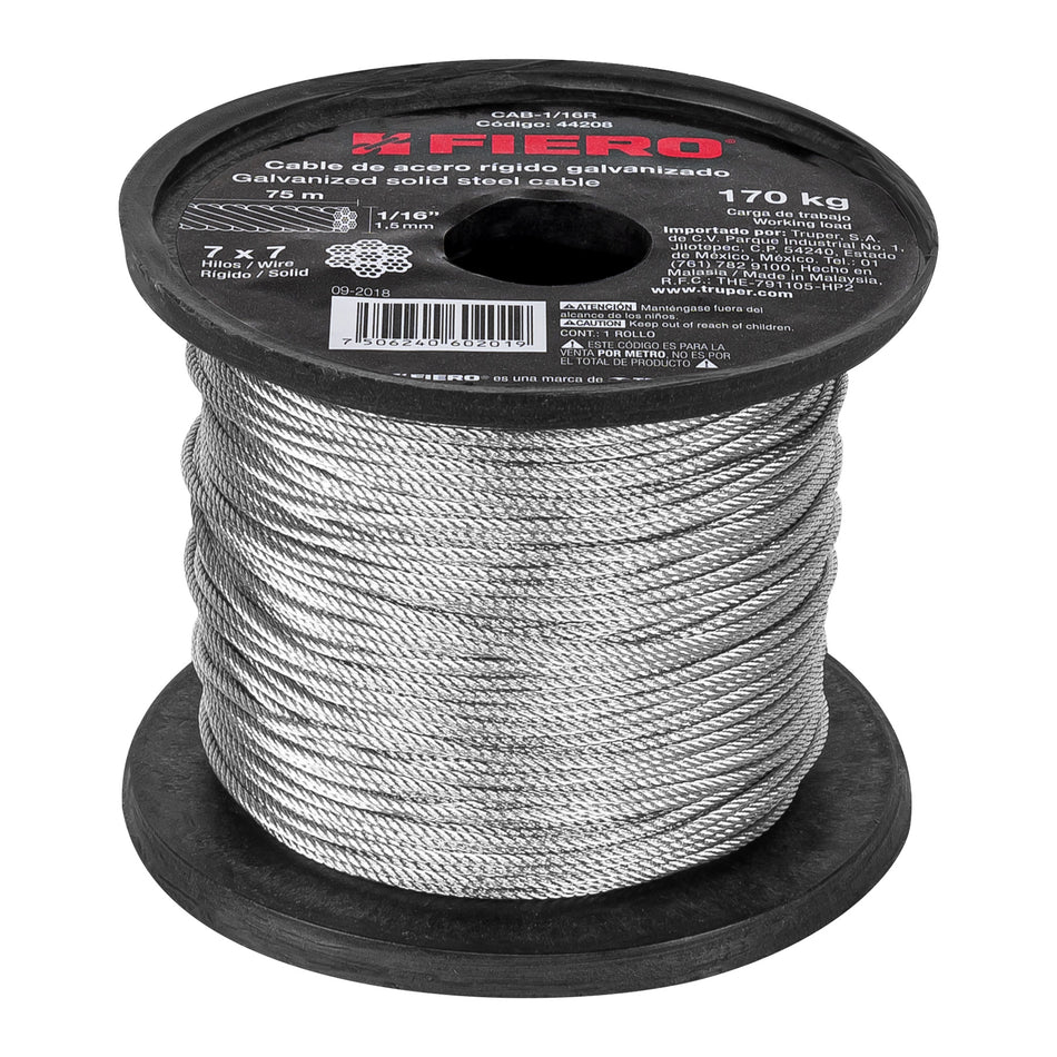 Metro de cable rígido 1/16' de acero 7x7 hilos, 75 m, Fiero SKU CAB-1/16R