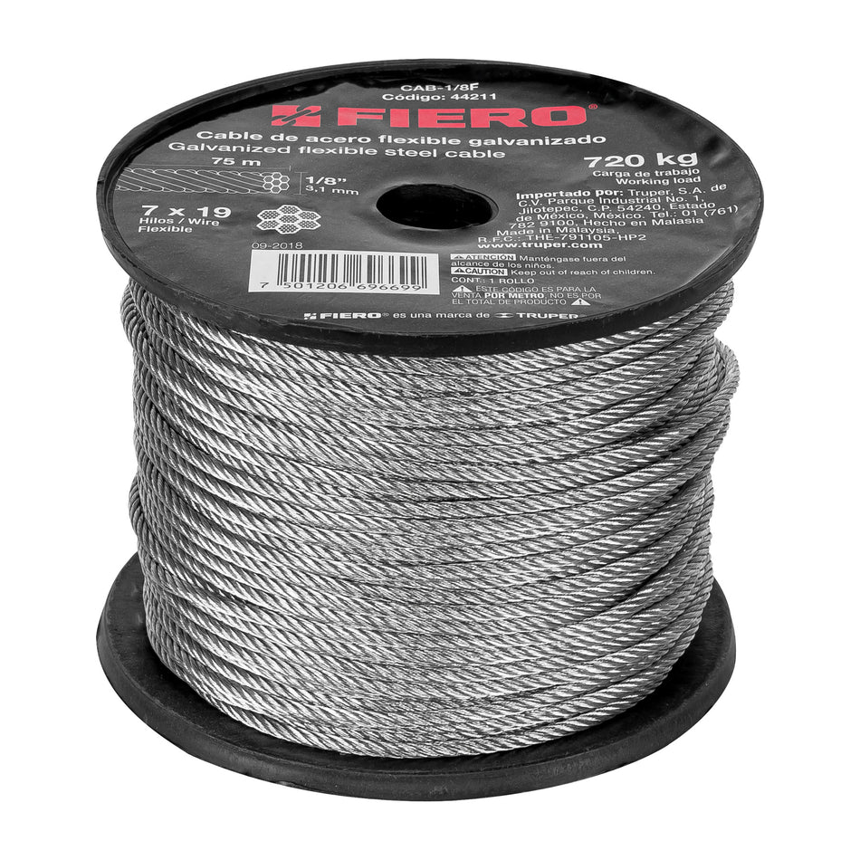 Metro de cable flexible 1/8' de acero 7x19 hilos, 75 m SKU CAB-1/8F