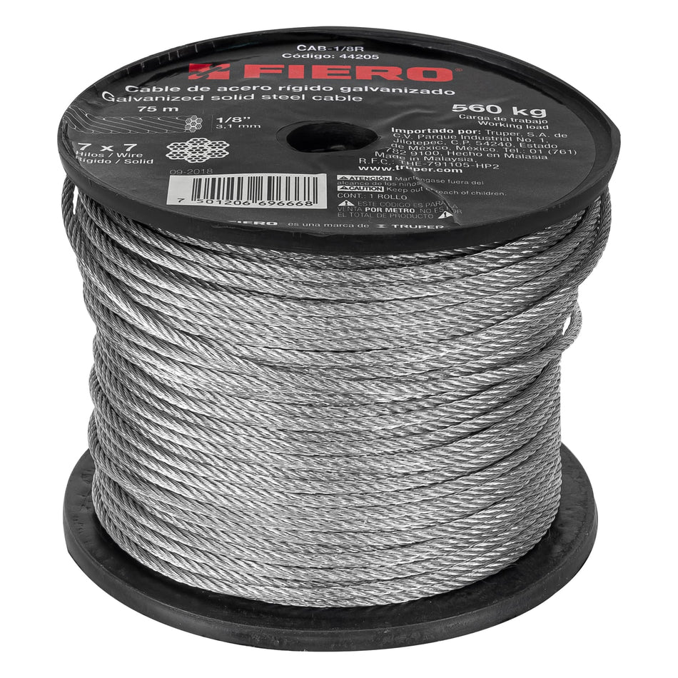 Metro de cable rígido 1/8' de acero 7x7 hilos, 75 m, Fiero SKU CAB-1/8R