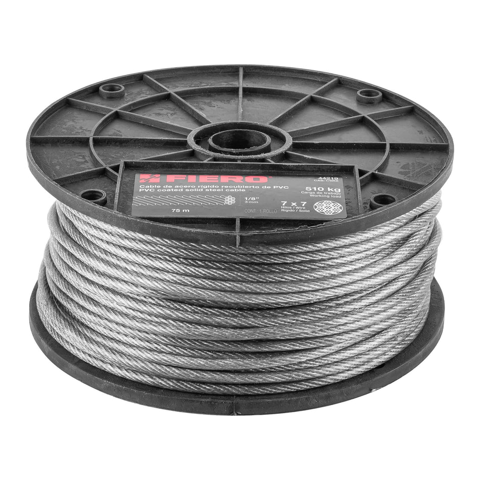 Metro de cable rígido 1/8' acero 7x7 recubierto PVC, 75 m SKU CAB-1/8RX