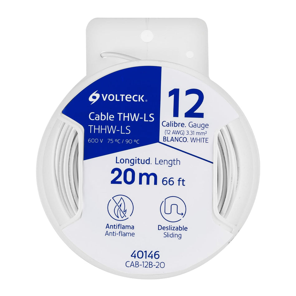 Carrete con 20 m de cable THHW-LS 12 AWG blanco, Volteck SKU CAB-12B-200