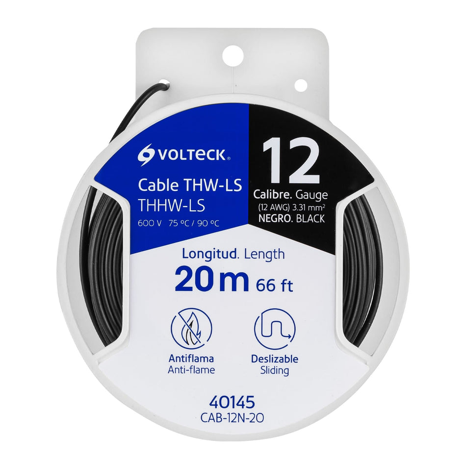 Carrete con 20 m de cable THHW-LS 12 AWG negro, Volteck SKU CAB-12N-200