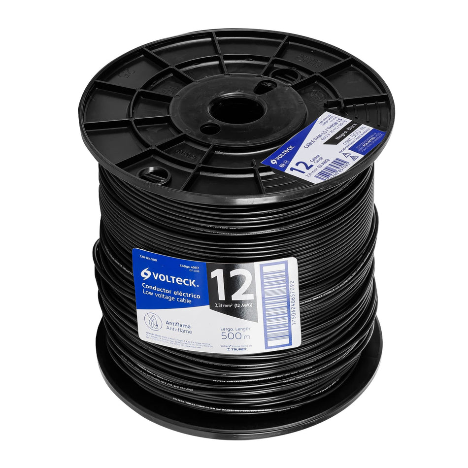 Metro de cable THHW-LS 12 AWG negro en carrete de 500 m SKU CAB-12N-5000