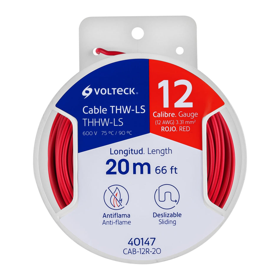 Carrete con 20 m de cable THHW-LS 12 AWG rojo, Volteck SKU CAB-12R-200