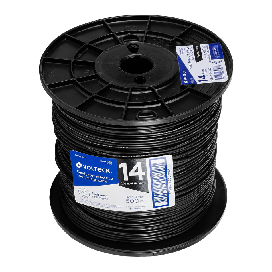 Metro de cable THHW-LS 14 AWG negro en carrete de 500 m SKU CAB-14N-5000