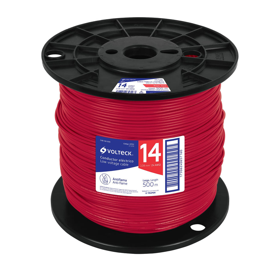 Metro de cable THHW-LS 14 AWG rojo en carrete de 500 m SKU CAB-14R-5000