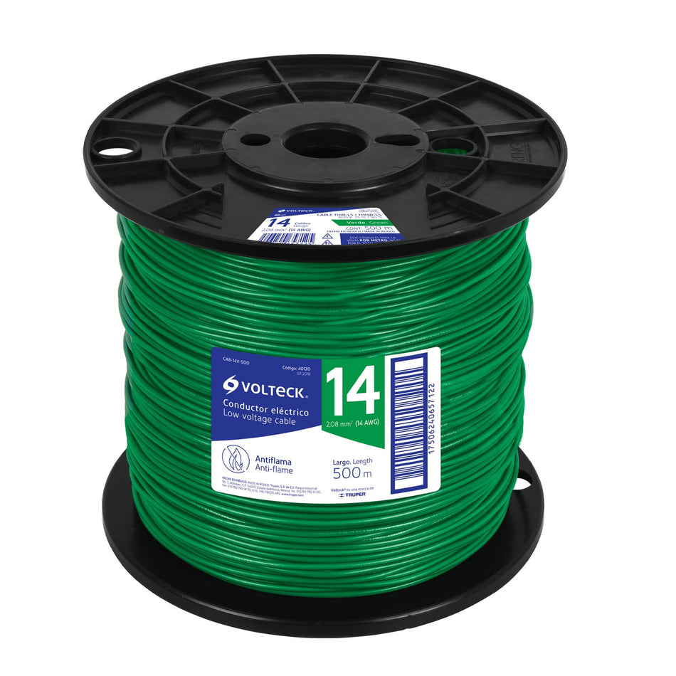 Metro de cable THHW-LS 14 AWG verde en carrete de 500 m SKU CAB-14V-5000