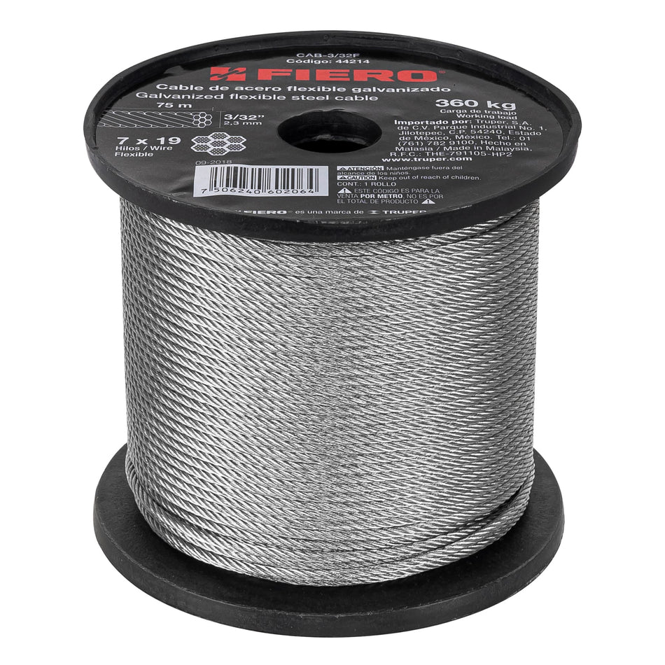 Metro de cable flexible 3/32' de acero 7x19 hilos, 75 m SKU CAB-3/32F