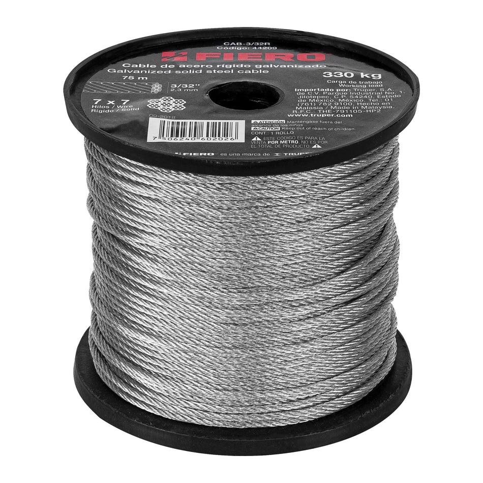 Metro de cable rígido 3/32' de acero 7x7 hilos, 75 m, Fiero SKU CAB-3/32R