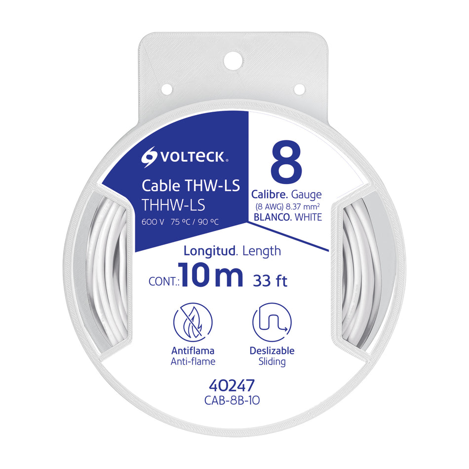 Carrete con 10 m de cable THHW-LS 8 AWG blanco, Volteck SKU CAB-8B-100