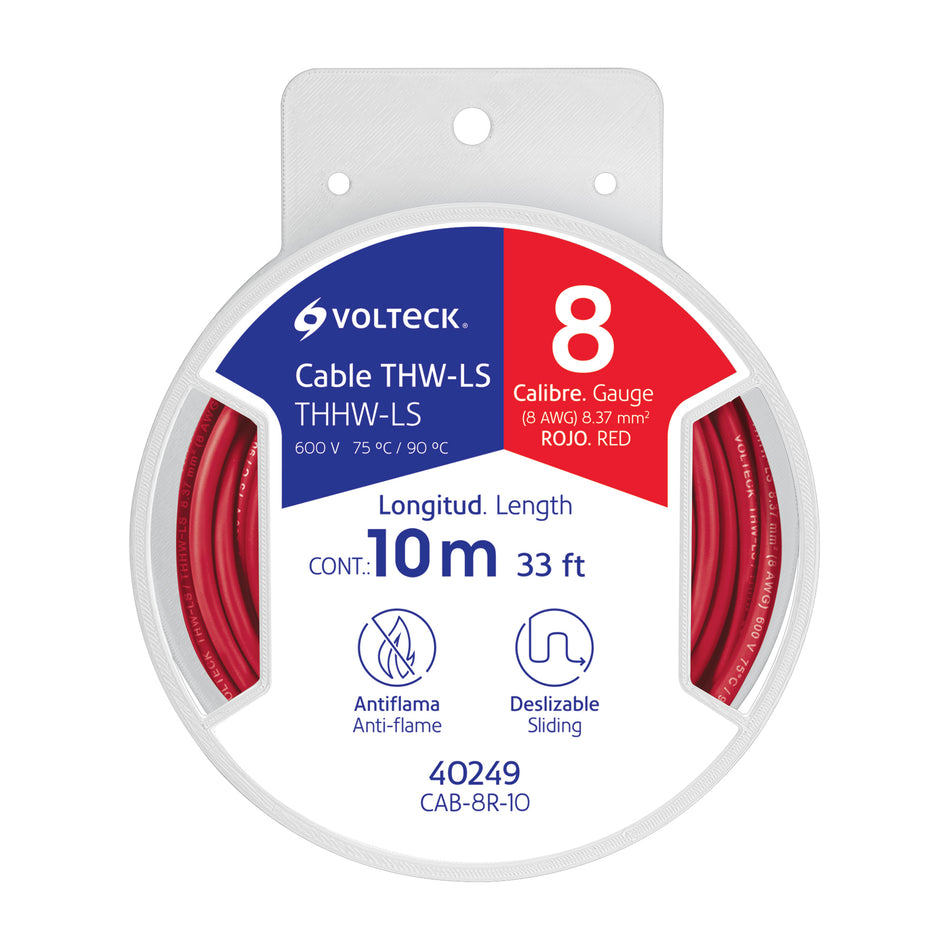 Carrete con 10 m de cable THHW-LS 8 AWG rojo, Volteck SKU CAB-8R-100