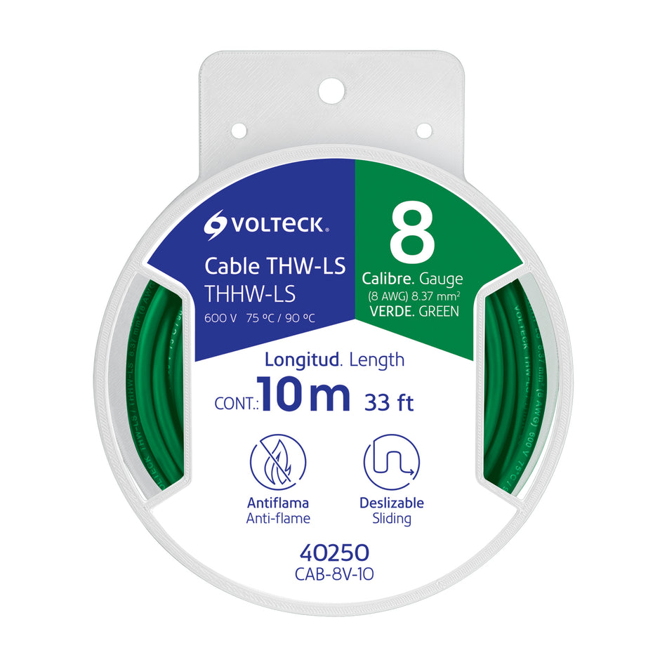 Carrete con 10 m de cable THHW-LS 8 AWG verde, Volteck SKU CAB-8V-100