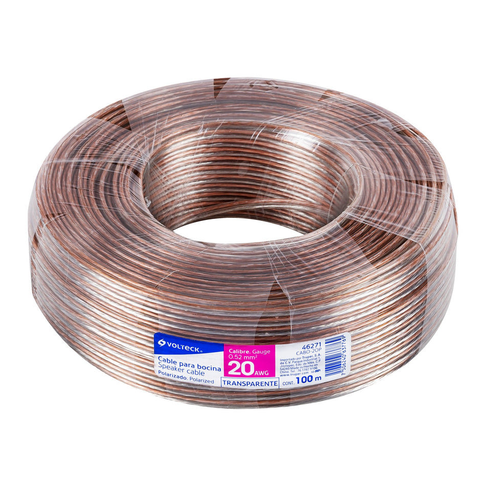 Rollo de 100 m cable polarizado transparente p/bocina 20 AWG SKU CABO-20P0