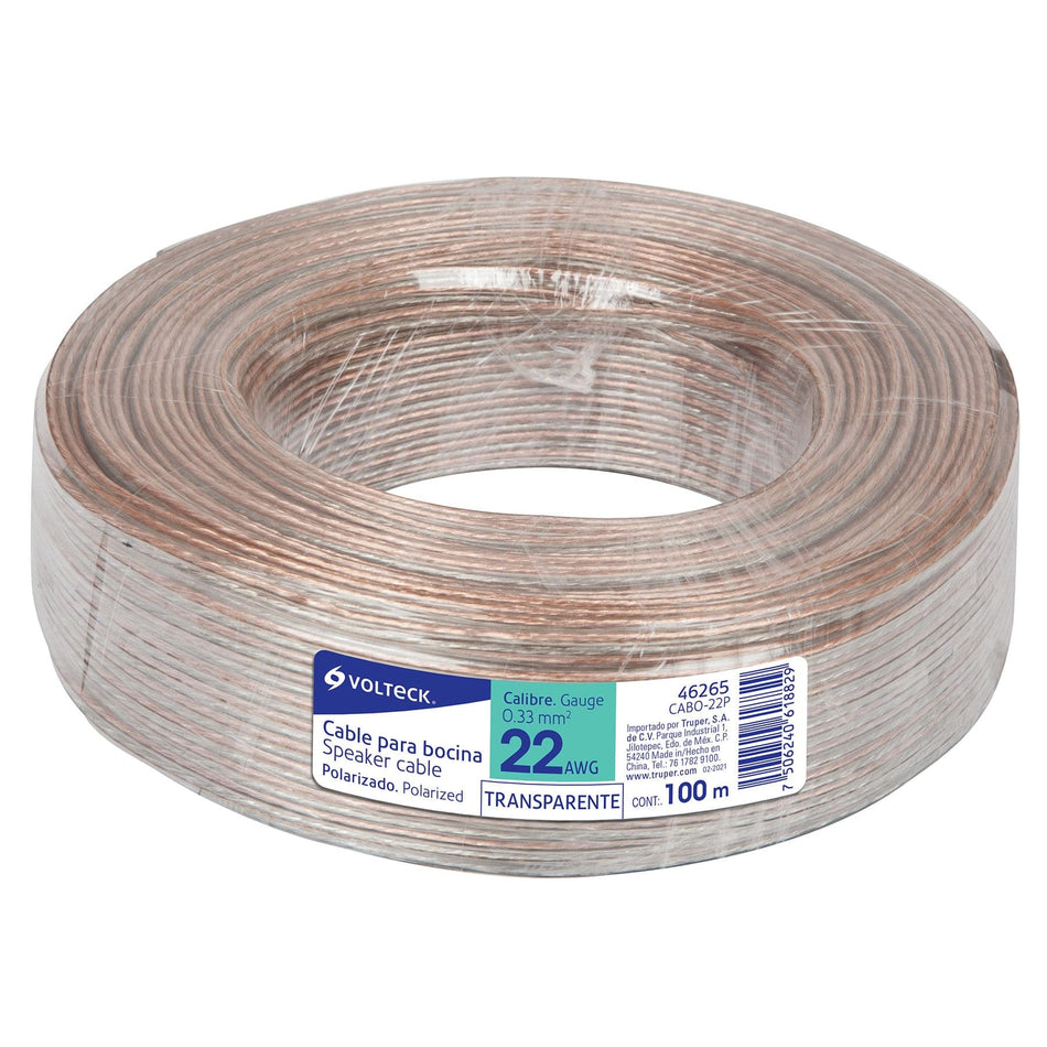 Rollo de 100 m cable polarizado transparente p/bocina 22 AWG SKU CABO-22P0