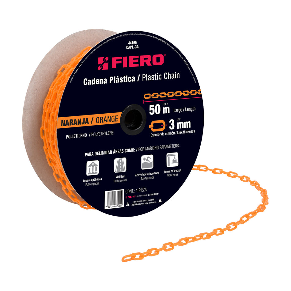 Metro de cadena de 3 mm de plástico naranja, carrete de 50 m SKU CAPL-3A