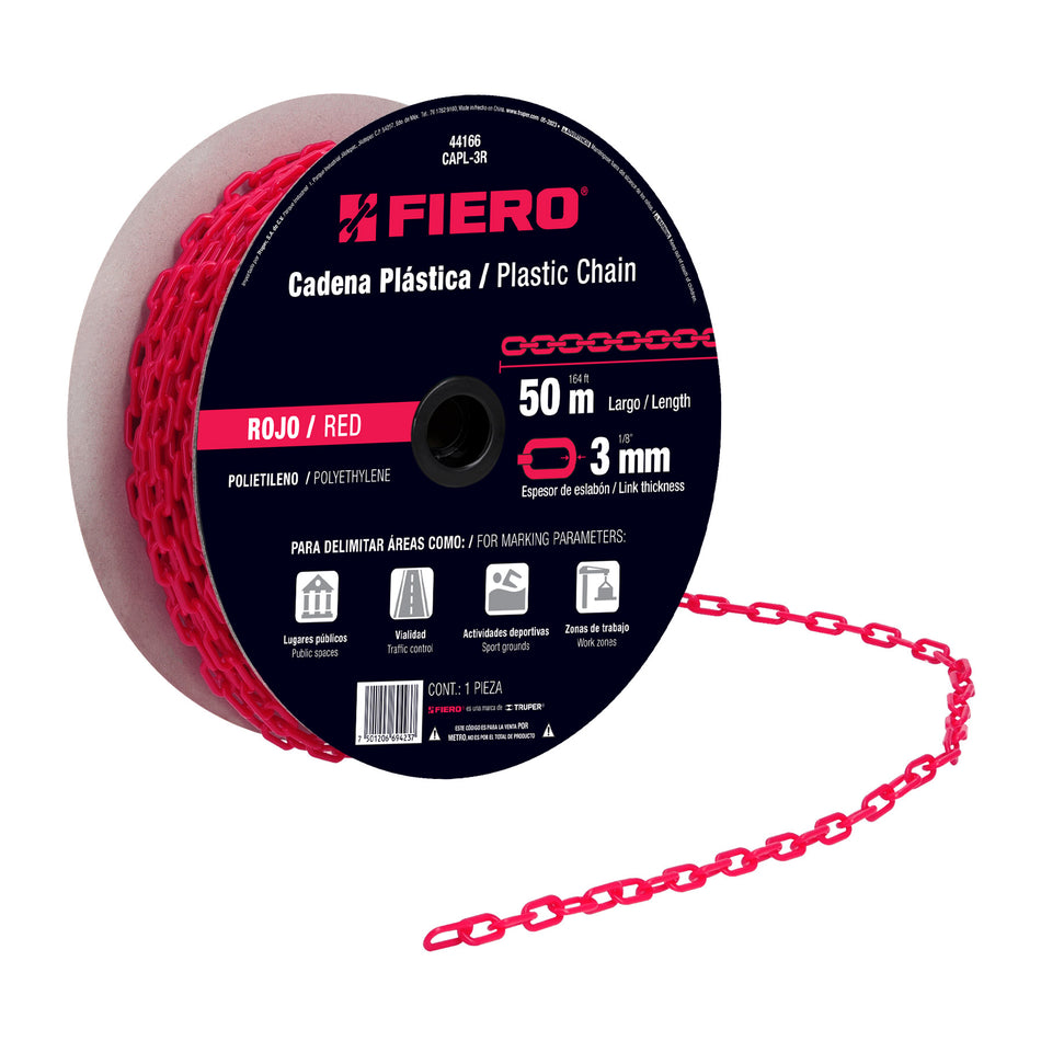 Metro de cadena de 3 mm de plástico roja, carrete de 50 m SKU CAPL-3R