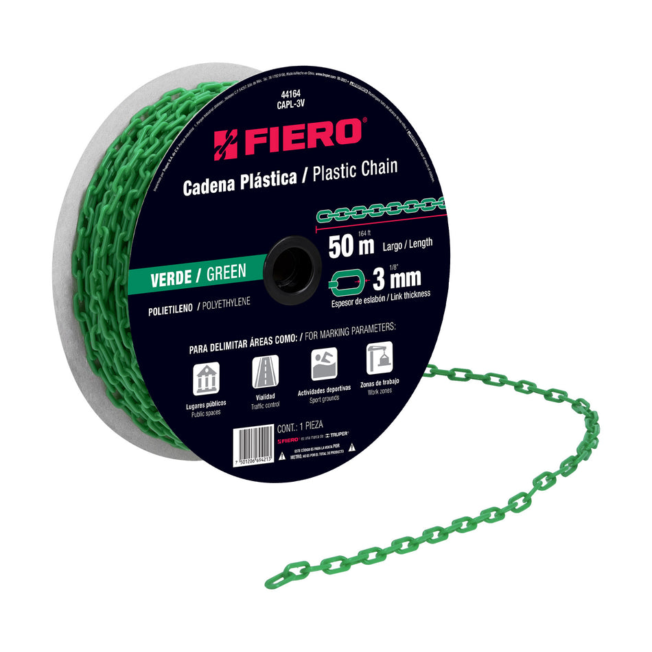 Metro de cadena de 3 mm de plástico verde, carrete de 50 m SKU CAPL-3V