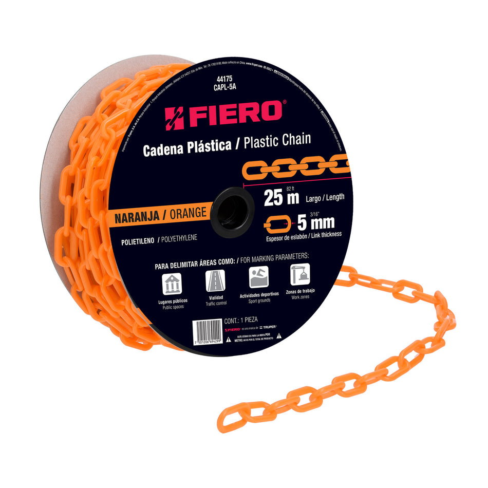 Metro de cadena de 5 mm de plástico naranja, carrete de 25 m SKU CAPL-5A