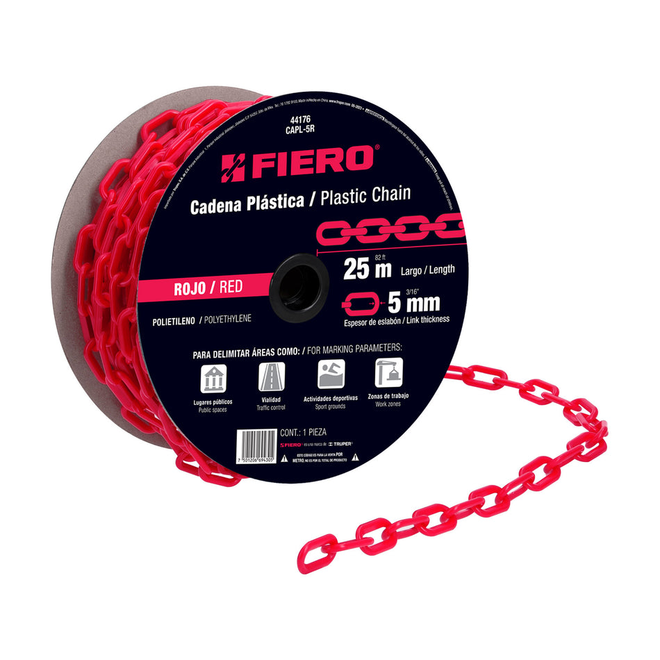 Metro de cadena de 5 mm de plástico roja, carrete de 25 m SKU CAPL-5R