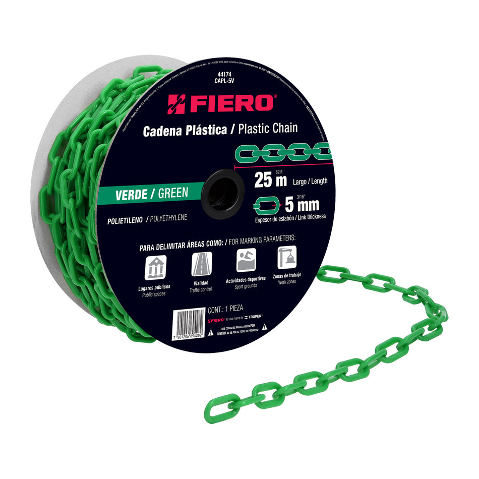 Metro de cadena de 5 mm de plástico verde, carrete de 25 m SKU CAPL-5V