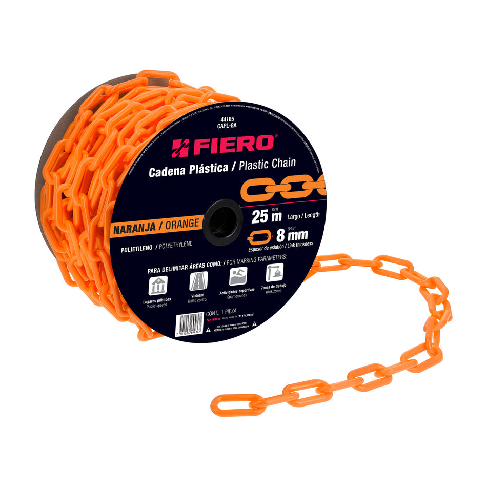 Metro de cadena de 8 mm de plástico naranja, carrete de 25 m SKU CAPL-8A