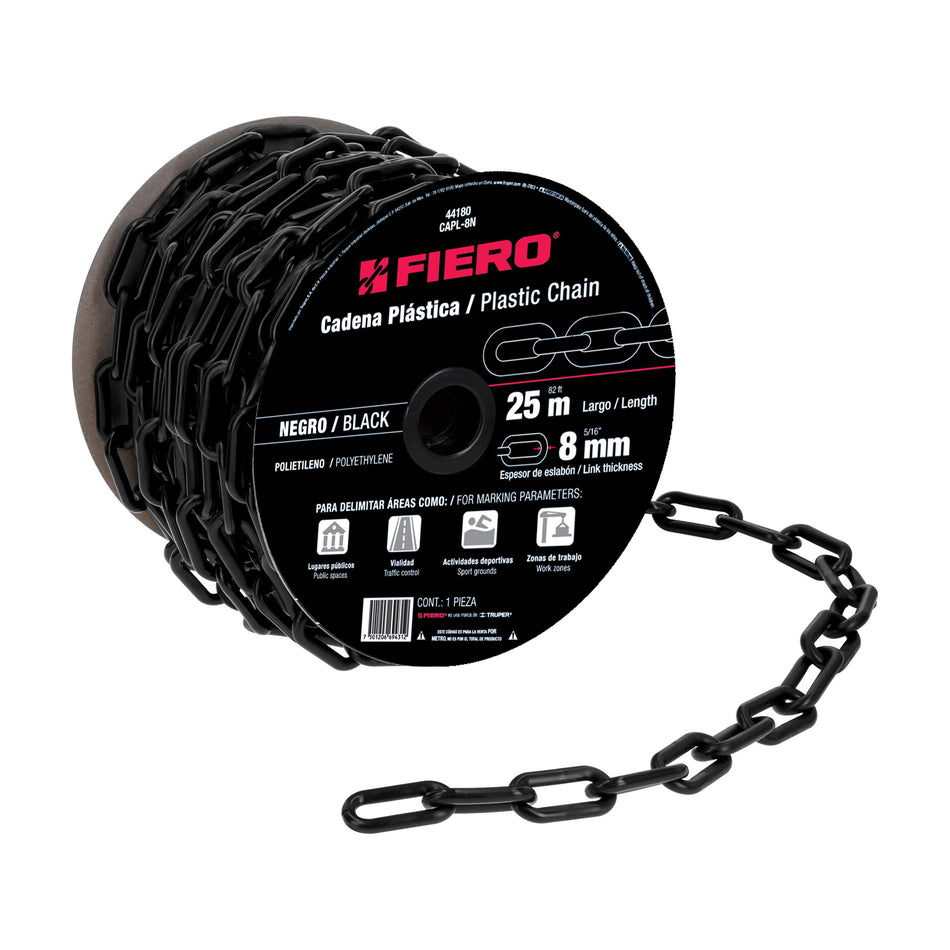 Metro de cadena de 8 mm de plástico negra, carrete de 25 m SKU CAPL-8N