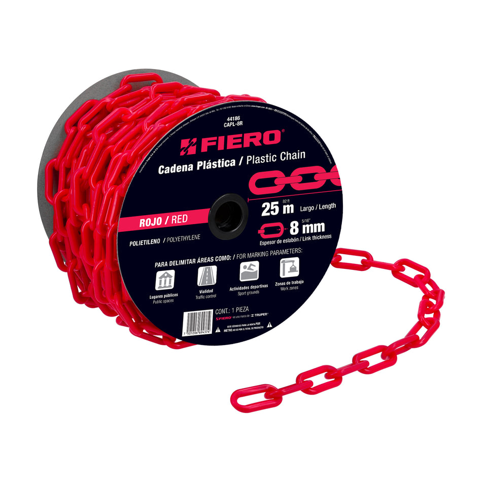 Metro de cadena de 8 mm de plástico roja, carrete de 25 m SKU CAPL-8R