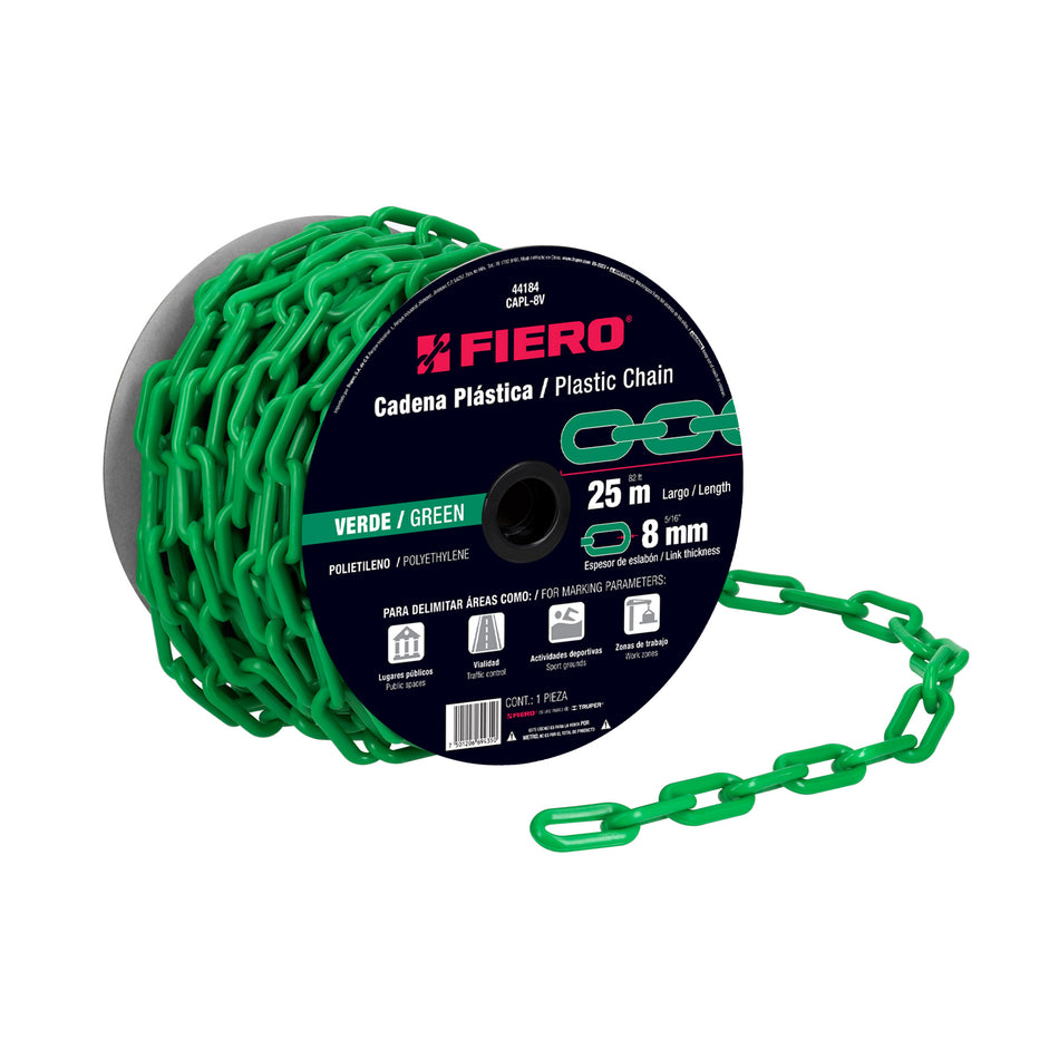 Metro de cadena de 8 mm de plástico verde, carrete de 25 m SKU CAPL-8V