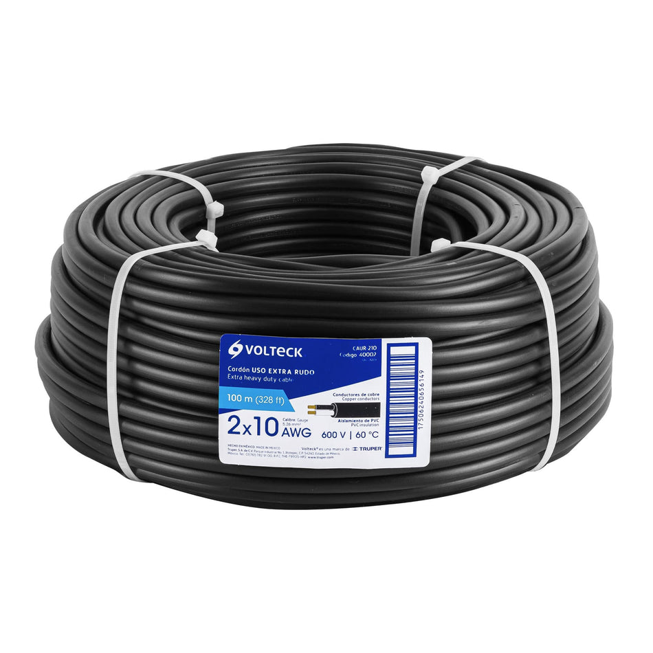 Metro de cable uso extra rudo 2 x 10 AWG en rollo de 100 m SKU CAUR-2100