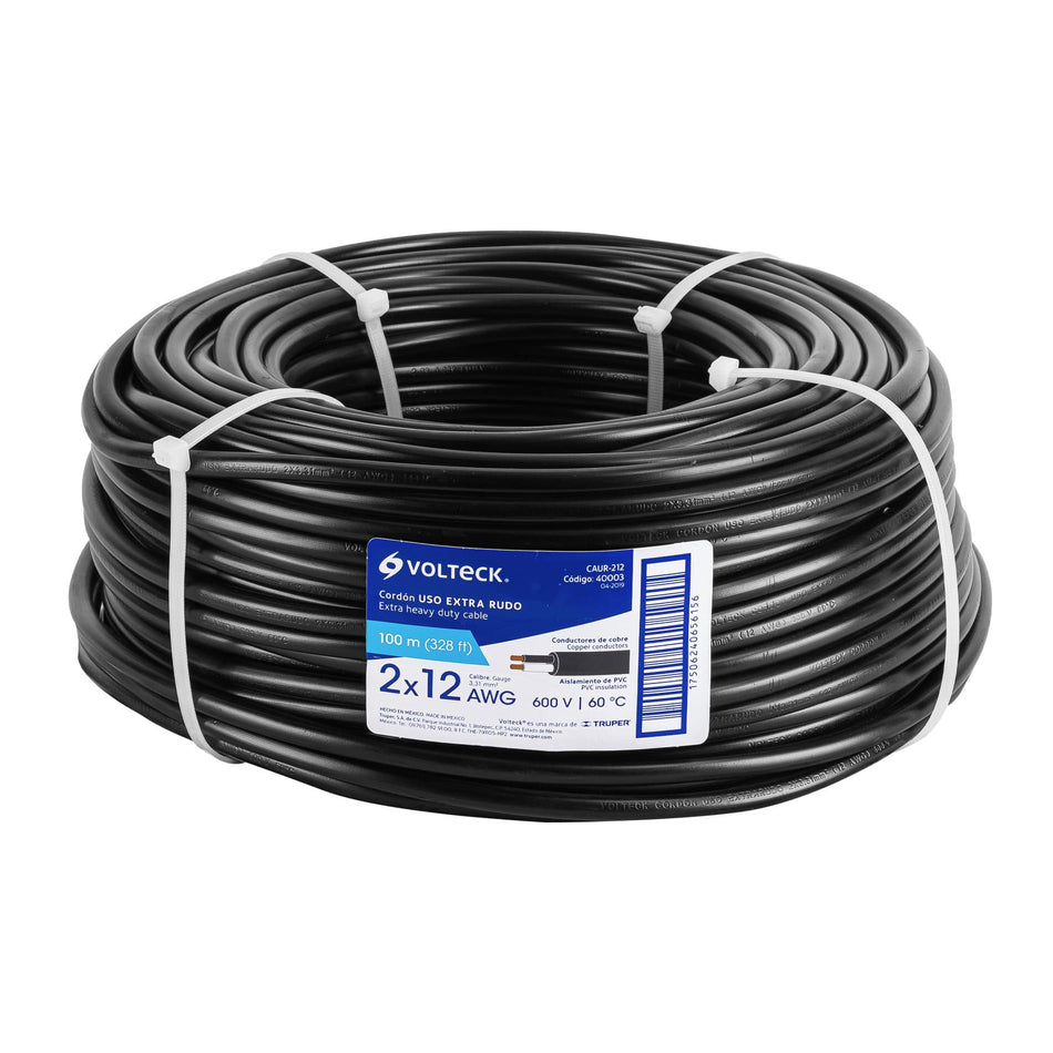 Metro de cable uso extra rudo 2 x 12 AWG en rollo de 100 m SKU CAUR-2120