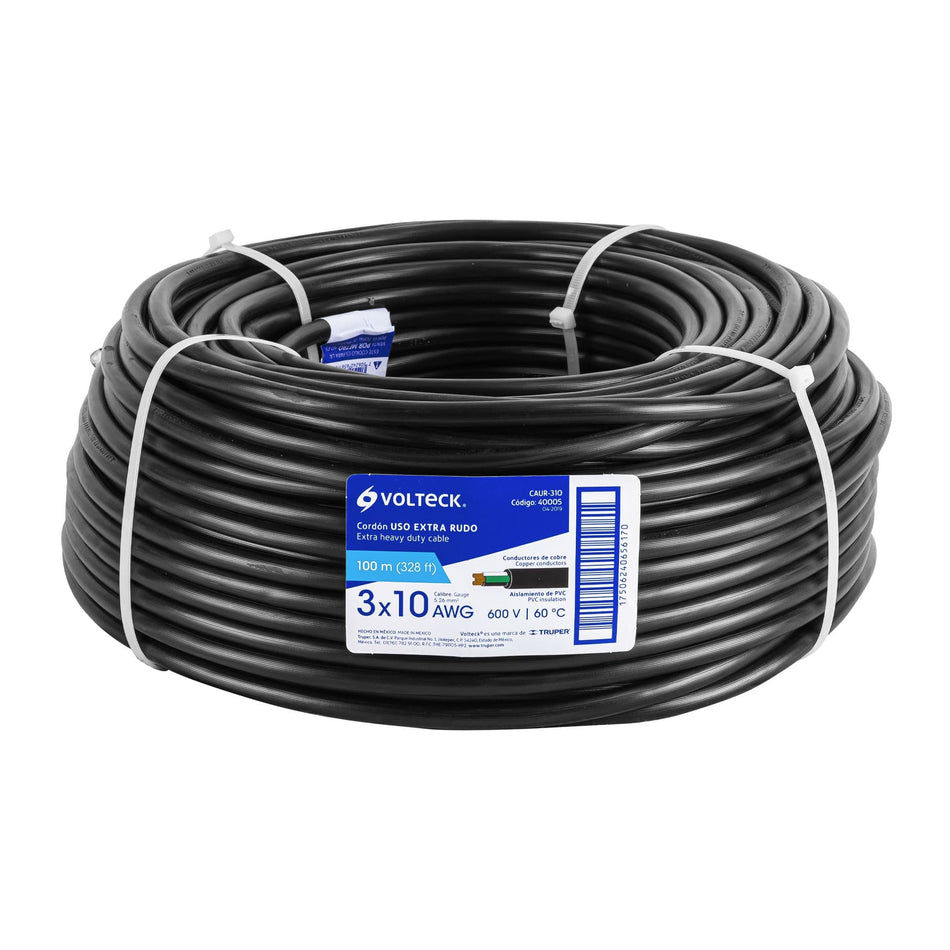 Metro de cable uso extra rudo 3 x 10 AWG en rollo de 100 m SKU CAUR-3100