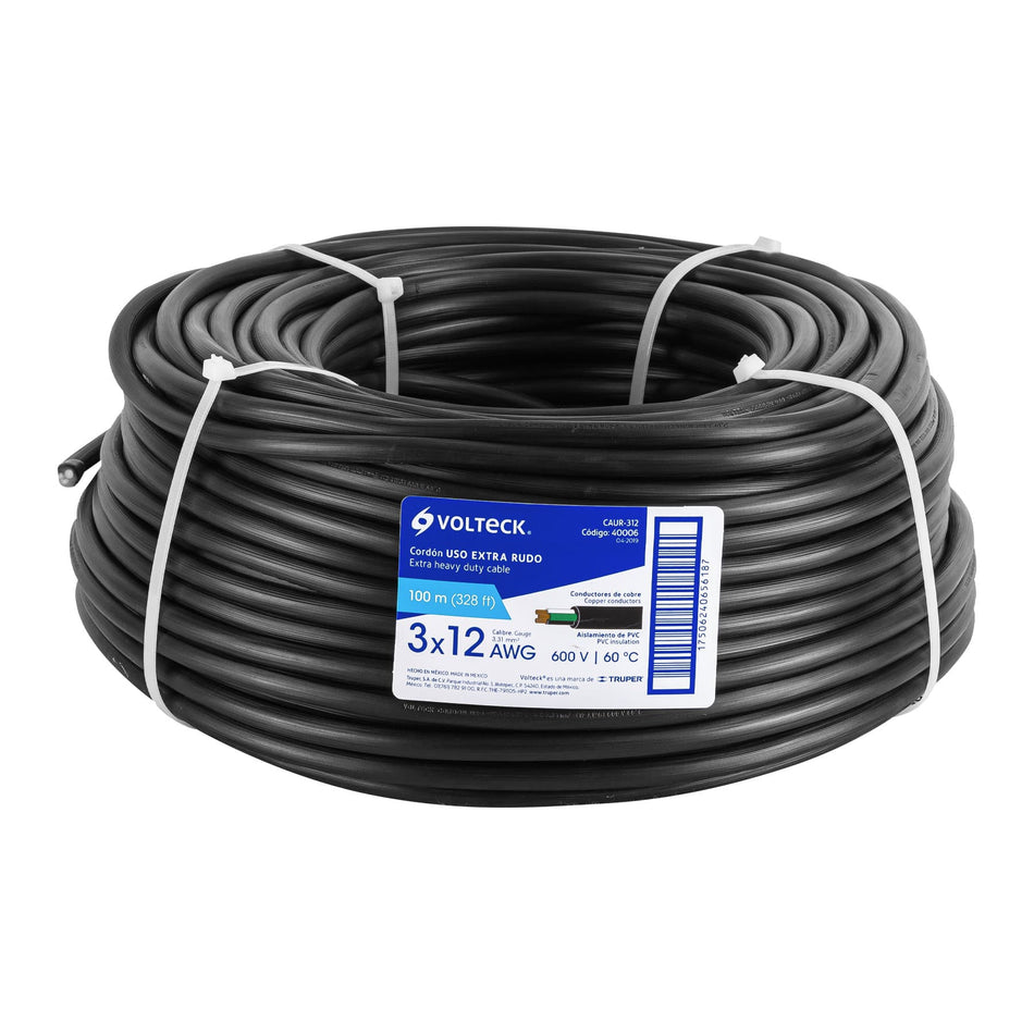 Metro de cable uso extra rudo 3 x 12 AWG en rollo de 100 m SKU CAUR-3120