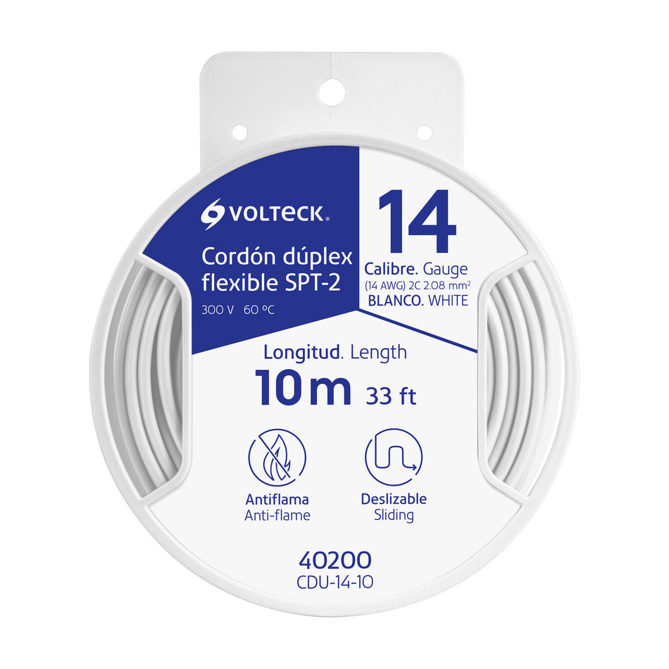 Carrete con 10 m cordón dúplex flexible SPT 14 AWG, Volteck SKU CDU-14-100