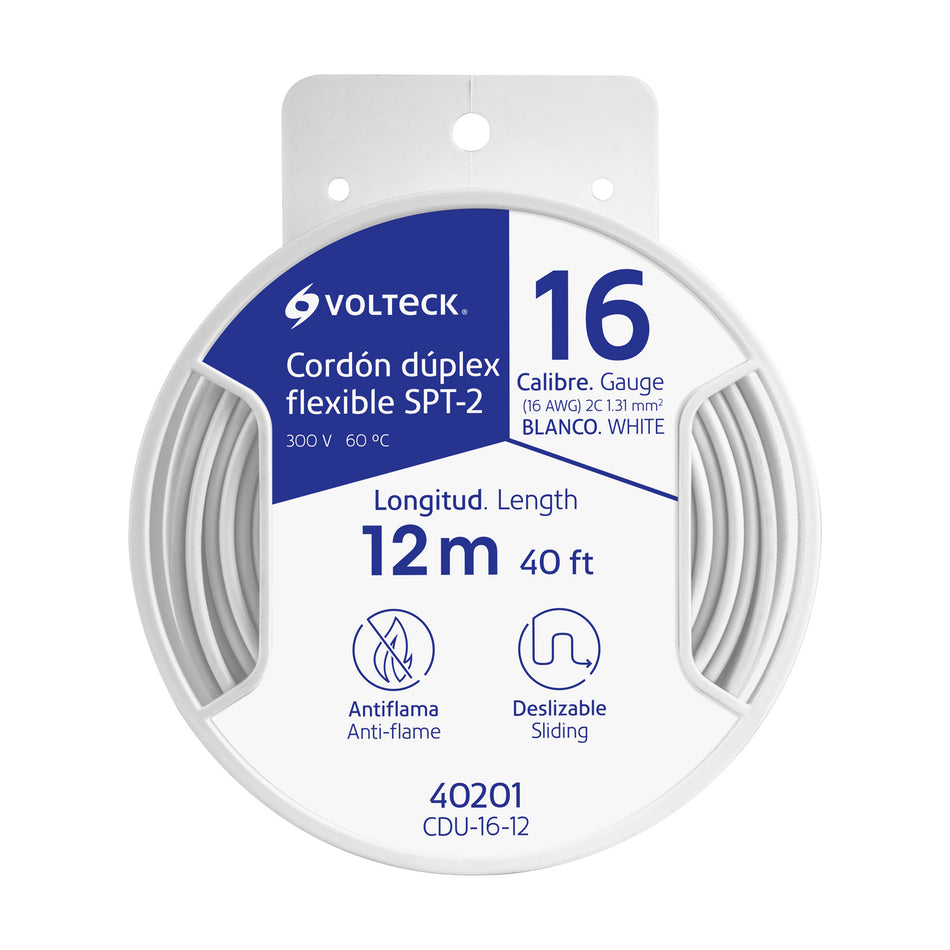 Carrete con 12 m cordón dúplex flexible SPT 16 AWG, Volteck SKU CDU-16-120