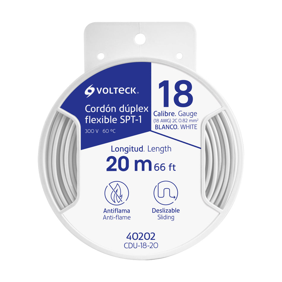 Carrete con 20 m cordón dúplex flexible SPT 18 AWG, Volteck SKU CDU-18-200